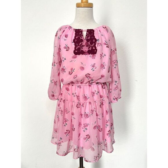 ella moss Girls 8 Printed Chiffon Lace Trimmed Dress - Picture 1 of 7